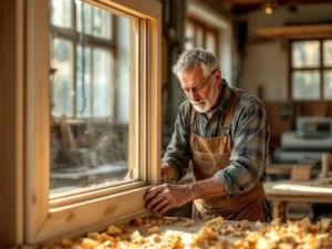 Ambachtsman inspecteert handgemaakte houten raamkozijn in Nederlandse timmerworkshop met natuurlijk licht