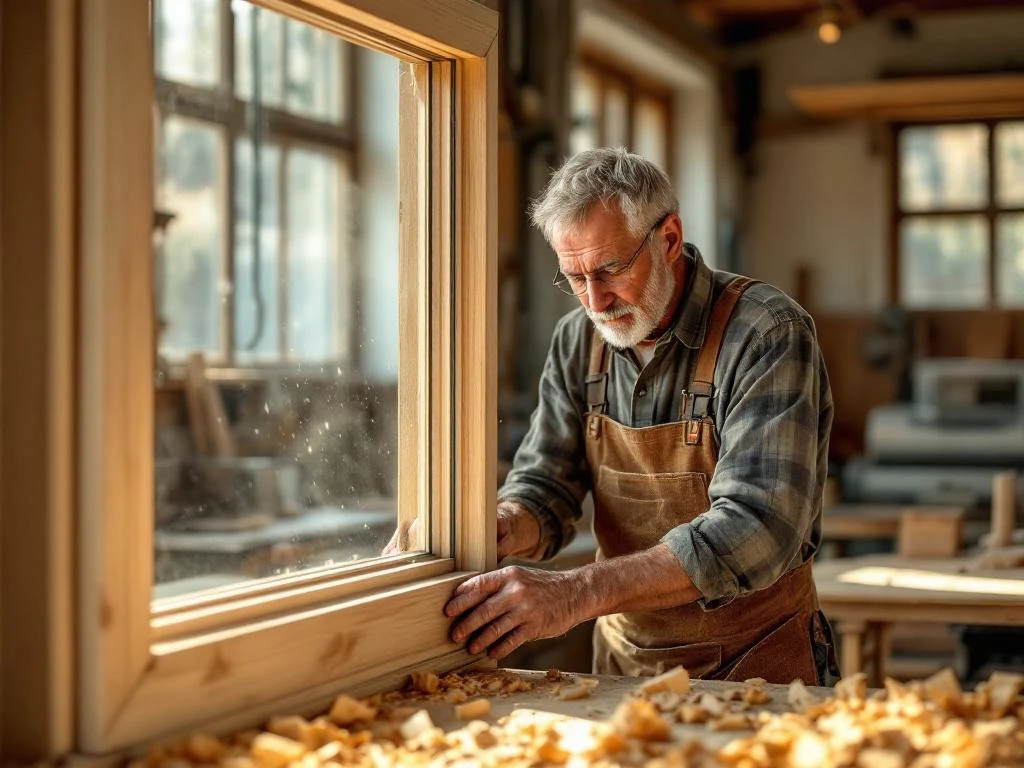 Ambachtsman inspecteert handgemaakte houten raamkozijn in Nederlandse timmerworkshop met natuurlijk licht