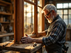 Ambachtsman inspecteert handgemaakte houten raamkozijn van mahoniehout in traditionele werkplaats met gereedschap