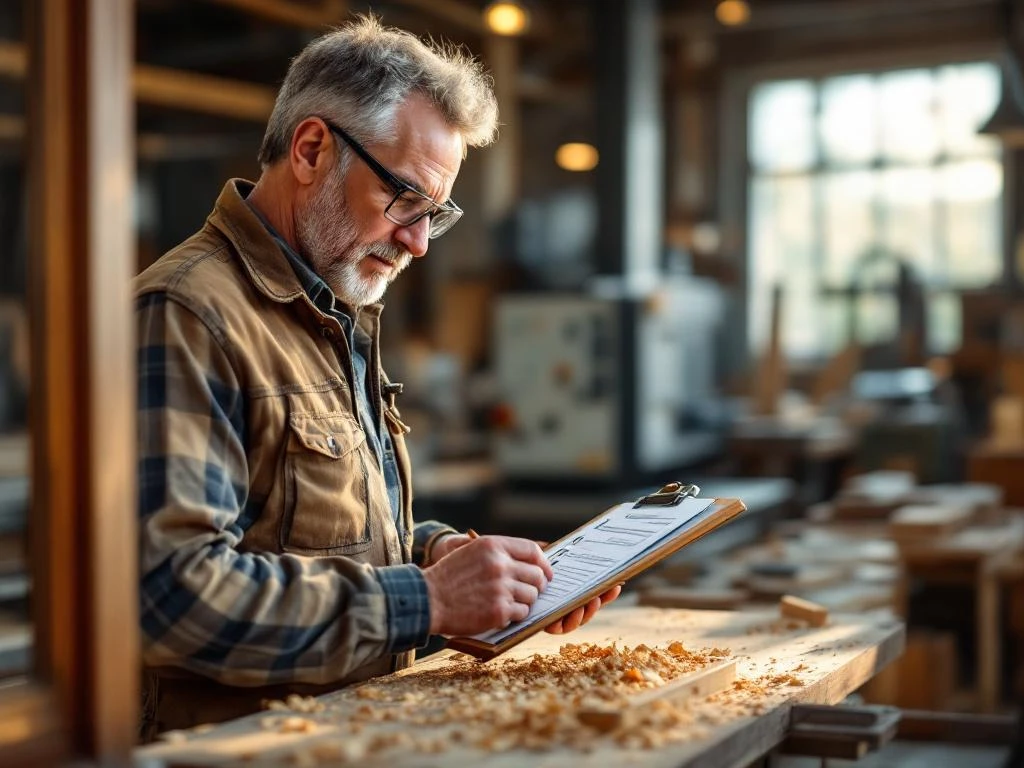 Ambachtsman met checklist controleert houten raamkozijn in werkplaats met CNC-machines op achtergrond