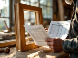 Ambachtsman bekijkt kostenraming terwijl hij houten raamkozijn vasthoudt in werkplaats met gereedschap