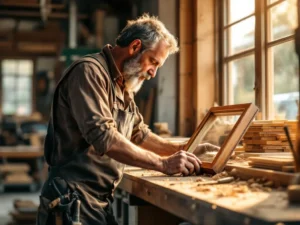 Ervaren timmerman inspecteert handgemaakte mahoniehout raamkozijn in traditionele Nederlandse werkplaats