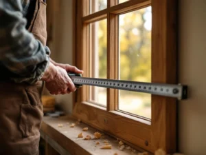 Ambachtsman meet houten raam met meetlint in Nederlandse werkplaats, warme daglicht toont eiken houtnerf