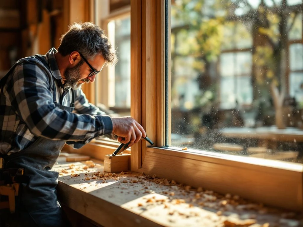 Ambachtsman onderzoekt houten raamkozijn met driedubbel HR++ glas in Nederlandse werkplaats, houtschaafsel op werkbank