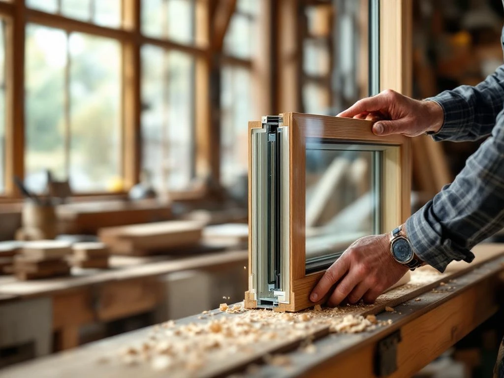 Vakman installeert driedubbel glas in houten kozijn, heldere glaslagen zichtbaar in werkplaats met natuurlijk licht