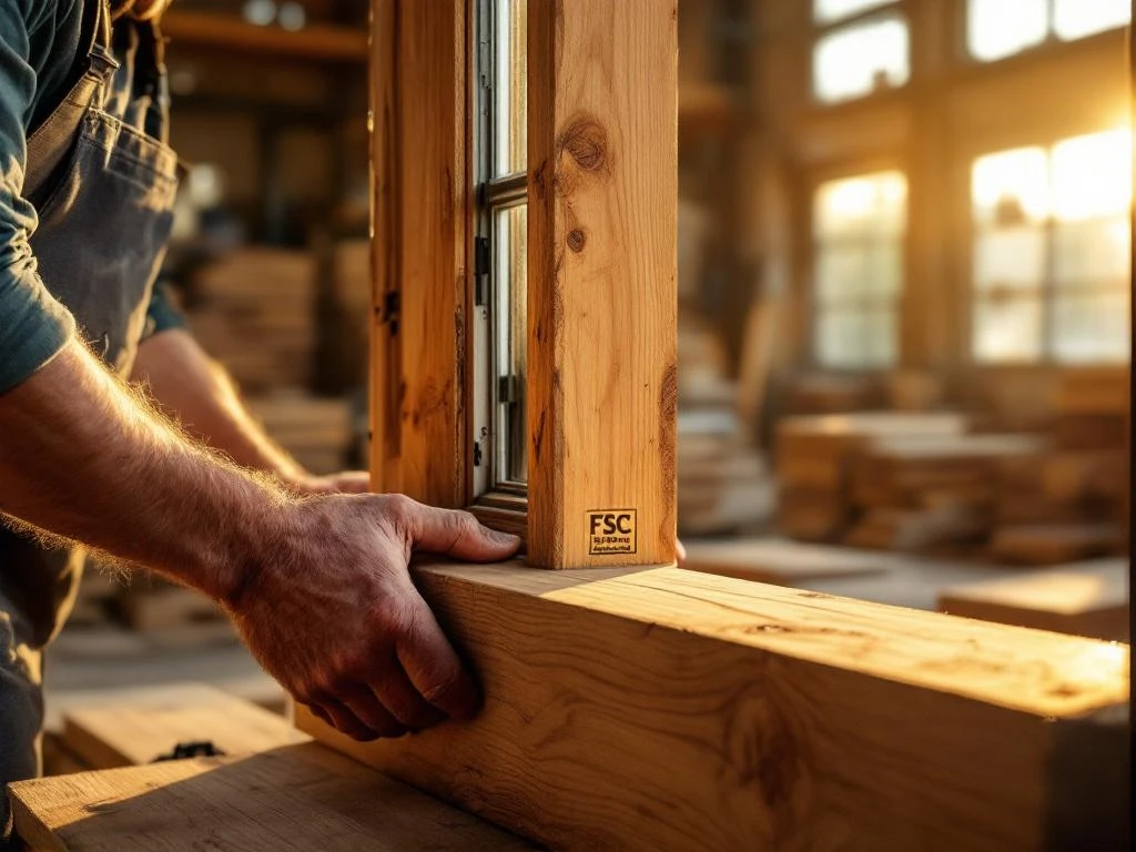 Ambachtsman inspecteert verweerd houten raam met FSC-gecertificeerd eikenhout in Nederlandse houtwerkplaats