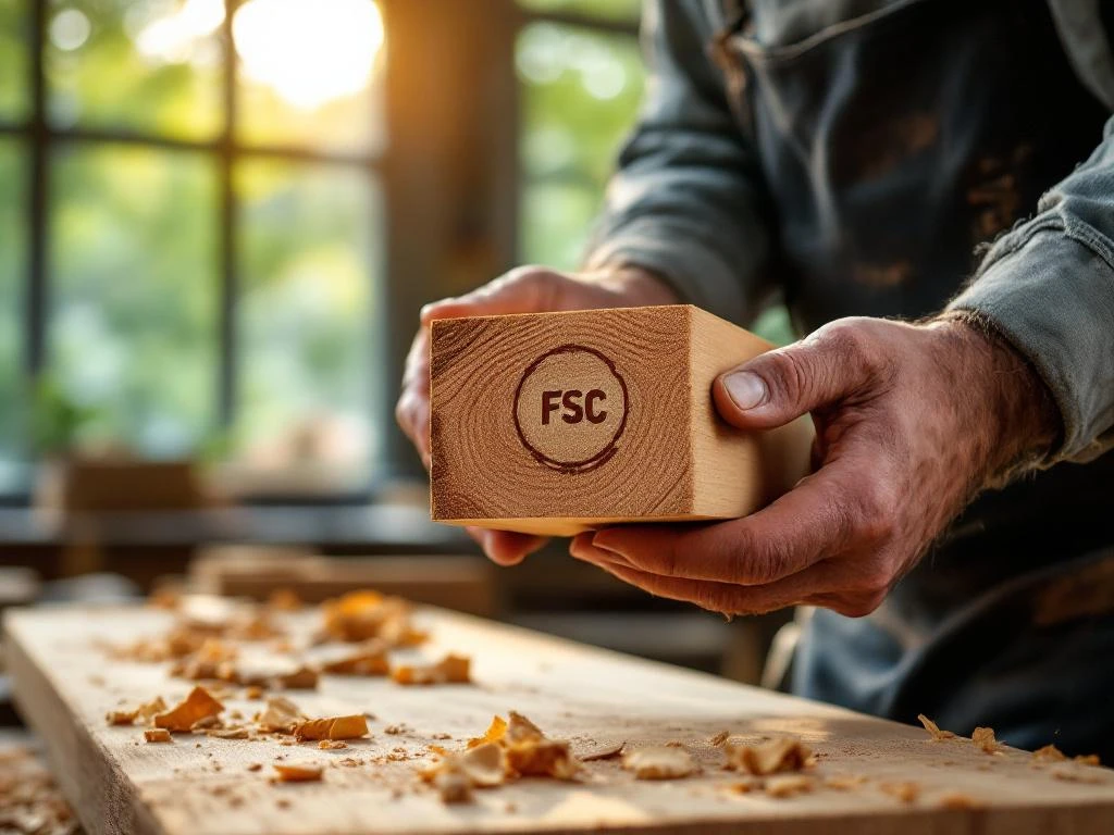 Ambachtsman houdt FSC-gecertificeerd hout vast in werkplaats met warme zonneschijn en bosachtergrond