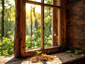 Verweerd houten raamkozijn met FSC-certificering tegen jonge groene bomen in Nederlands bos, ochtendlicht door bladeren