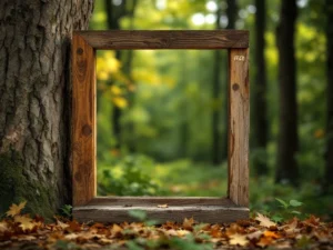 FSC-gecertificeerd houten raamkozijn met honing-amber tinten tegen groene bosachtergrond, duurzaamheidsstempel zichtbaar