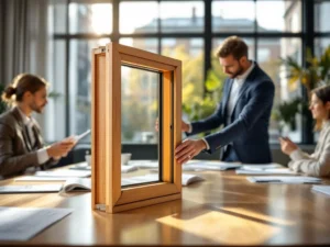 Directeur van woningcorporatie bekijkt FSC-gecertificeerd houten raammonster in moderne vergaderruimte