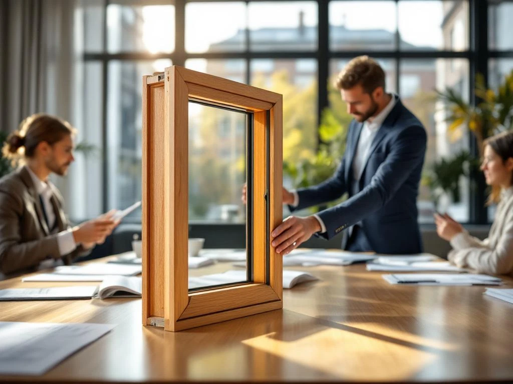 Directeur van woningcorporatie bekijkt FSC-gecertificeerd houten raammonster in moderne vergaderruimte