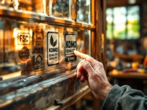 Houten raamkozijn met FSC en KOMO certificeringsstempels, ambachtsman raakt keurmerk aan in Nederlandse werkplaats