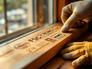 Houten kozijn met FSC en KOMO kwaliteitscertificaten, vakman inspecteert gestempelde houtmerken in daglicht