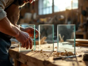 Ambachtsman onderzoekt drie glassoorten voor houten raamkozijnen op werkbank in Nederlandse timmerwerkplaats