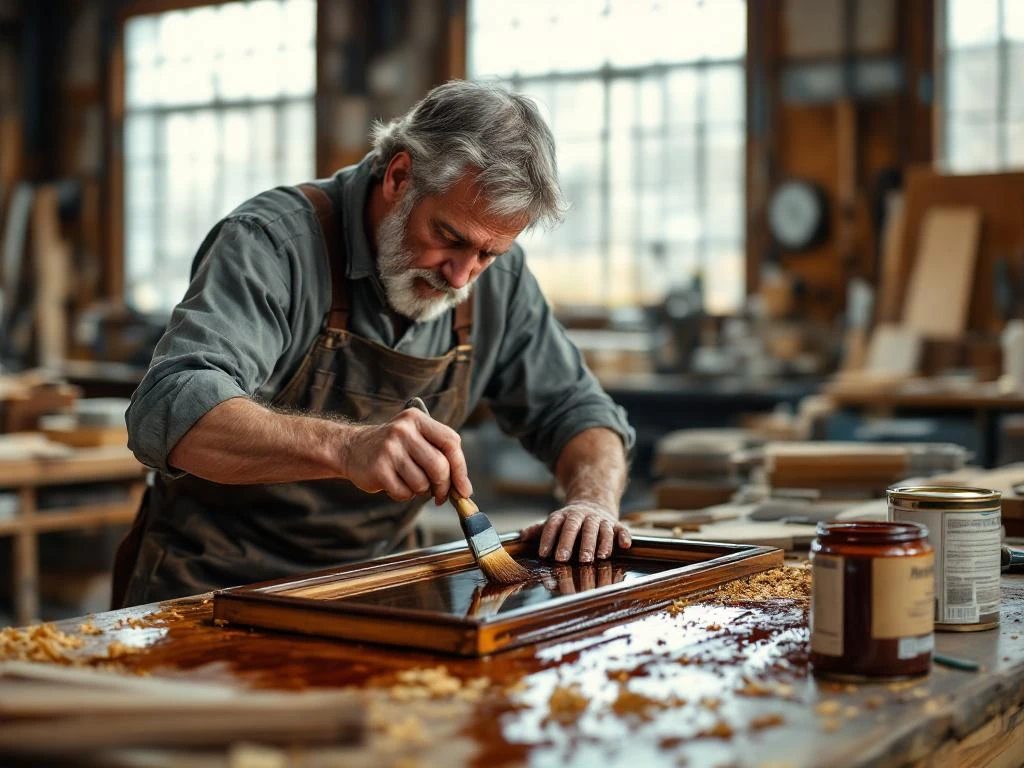 Vakman brengt mahoniekleurige houtbeits aan op houten raamkozijn met kwast in werkplaats met gereedschap