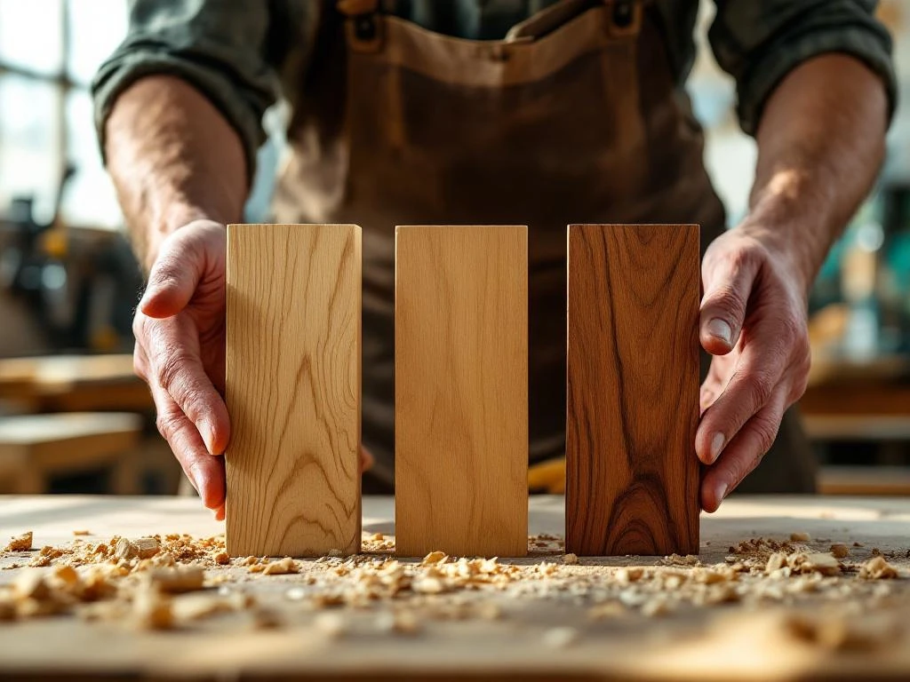 Ambachtsman onderzoekt drie verschillende houtsoorten op werkbank, van lichte eik tot donkere mahonie