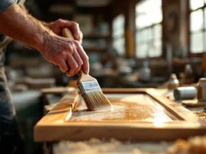 Ambachtsman brengt honingkleurige houtbeits aan op eiken raamkozijn met natuurlijke kwast in zonlicht werkplaats