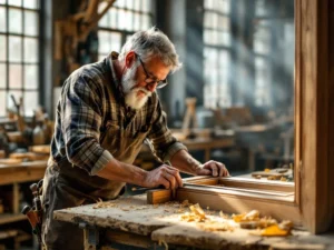 Ambachtsman meet houten raamkozijn met passer in Nederlandse timmerwerkerij, eiken houtnerf zichtbaar op werkbank