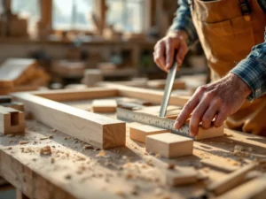 Vakman meet houten raamkozijn met vouwmeter in Nederlandse werkplaats, FSC-gecertificeerd hout en gereedschap op werkbank