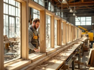 Vakman inspecteert houten kozijnen in Nederlandse timmerwinkel met CNC-machines en productielijn op achtergrond