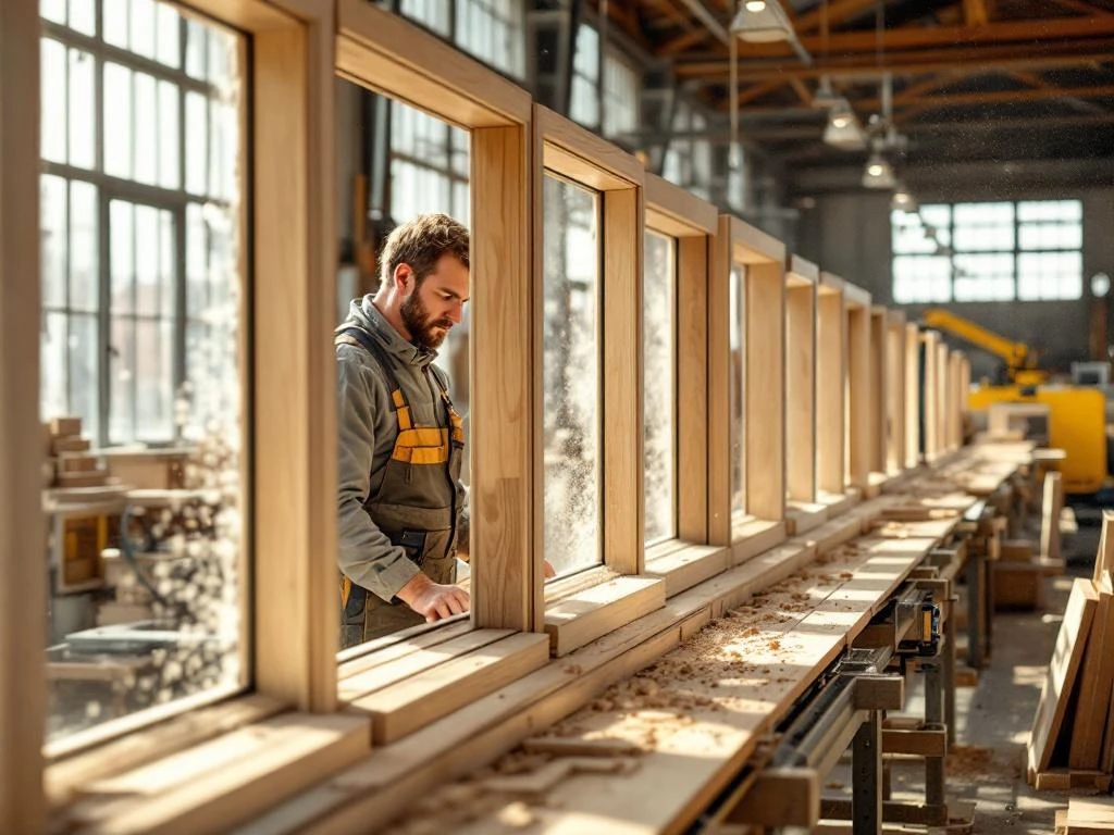 Vakman inspecteert houten kozijnen in Nederlandse timmerwinkel met CNC-machines en productielijn op achtergrond