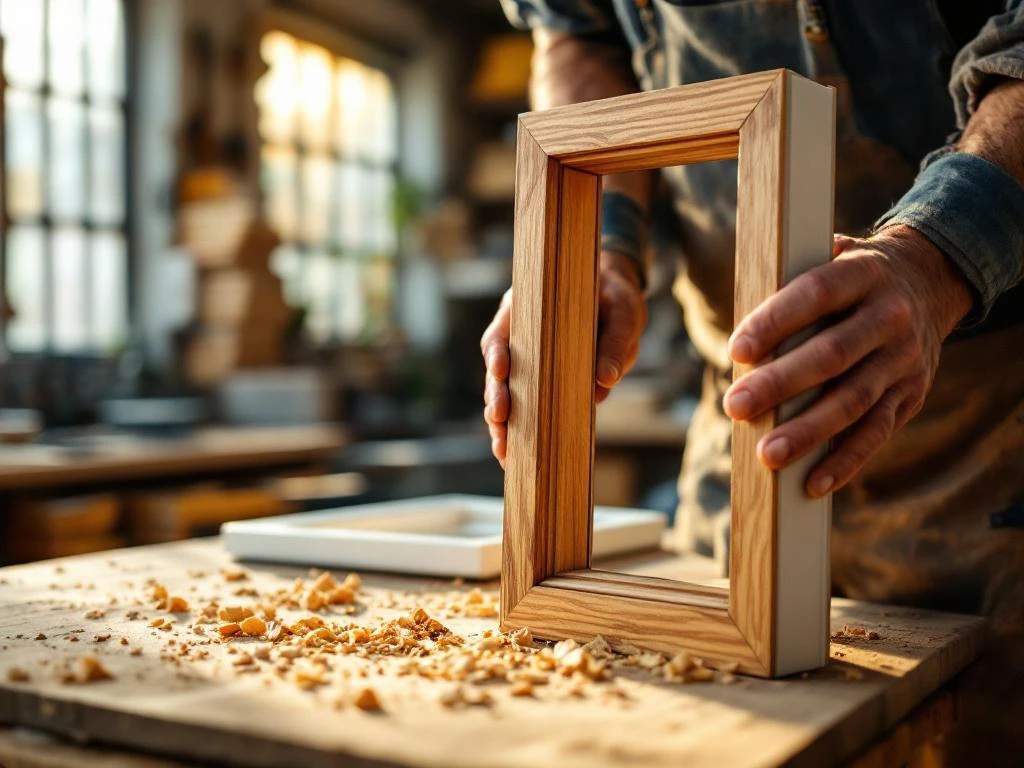 Ambachtsman houdt houten raamkozijn vast in werkplaats met PVC kozijn op werkbank op achtergrond
