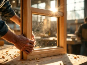 Ambachtsman inspecteert houten raamkozijn van FSC-gecertificeerd hout in zonlichte werkplaats met CNC-machines op achtergrond