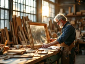 Ambachtsman inspecteert houten raamkozijn in werkplaats met houtmonsters en gereedschap op werkbank