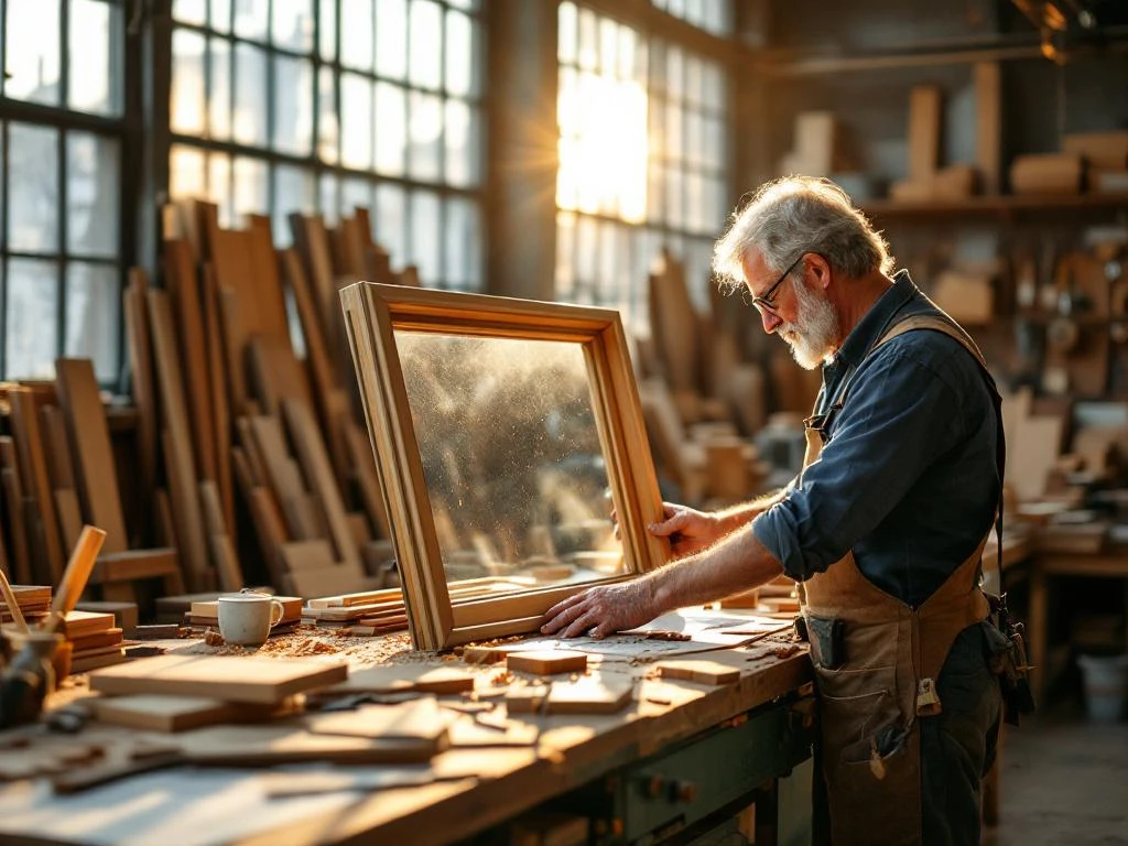 Ambachtsman inspecteert houten raamkozijn in werkplaats met houtmonsters en gereedschap op werkbank