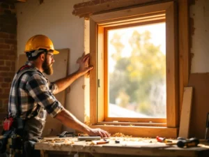 Vakman past houten raamkozijn in muuropening, gereedschap op werkbank, natuurlijk licht benadrukt eikenhout textuur