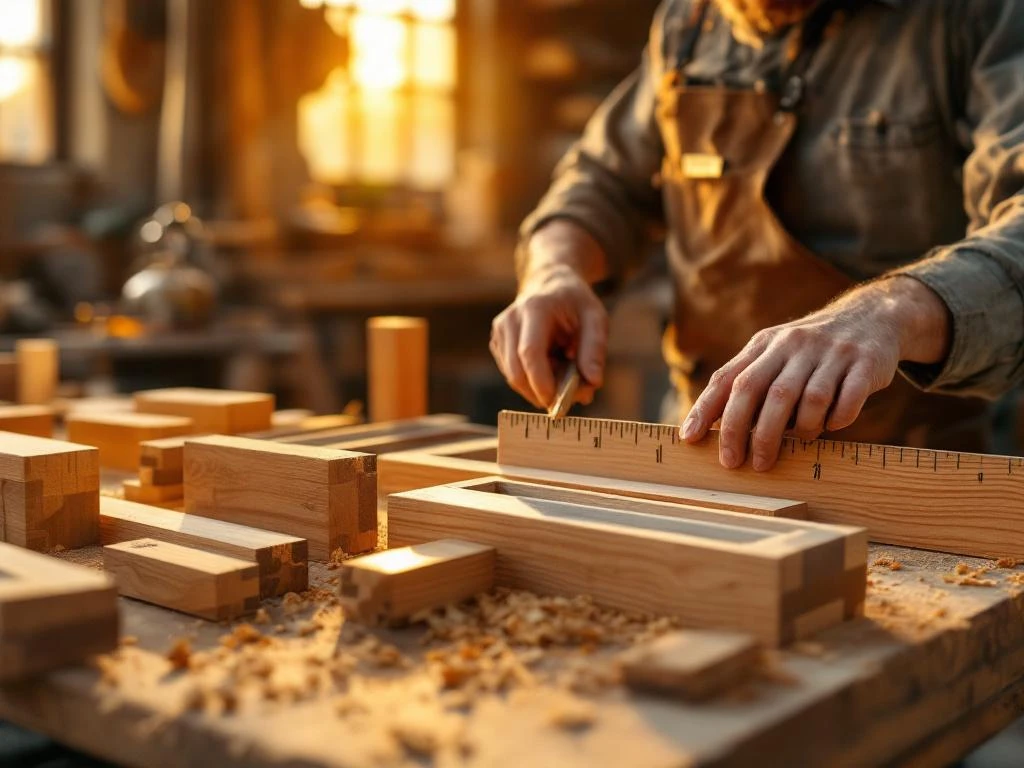Vakman meet houten raamkozijn met meetlat in werkplaats met FSC-gecertificeerd hout en gereedschap