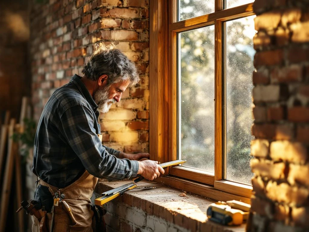Vakman installeert houten raamkozijn in bakstenen gevel van traditioneel Nederlands huis tijdens renovatie