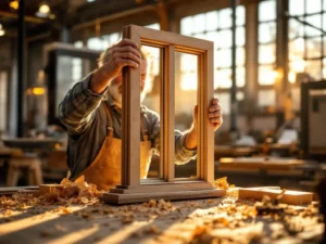 Ambachtsman inspecteert handgemaakte houten raamkozijn van FSC-gecertificeerd eikenhout in Nederlandse timmerworkshop