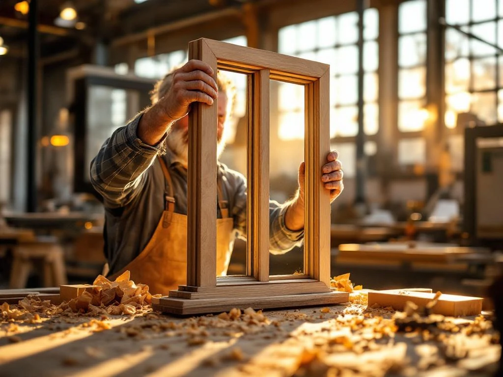 Ambachtsman inspecteert handgemaakte houten raamkozijn van FSC-gecertificeerd eikenhout in Nederlandse timmerworkshop