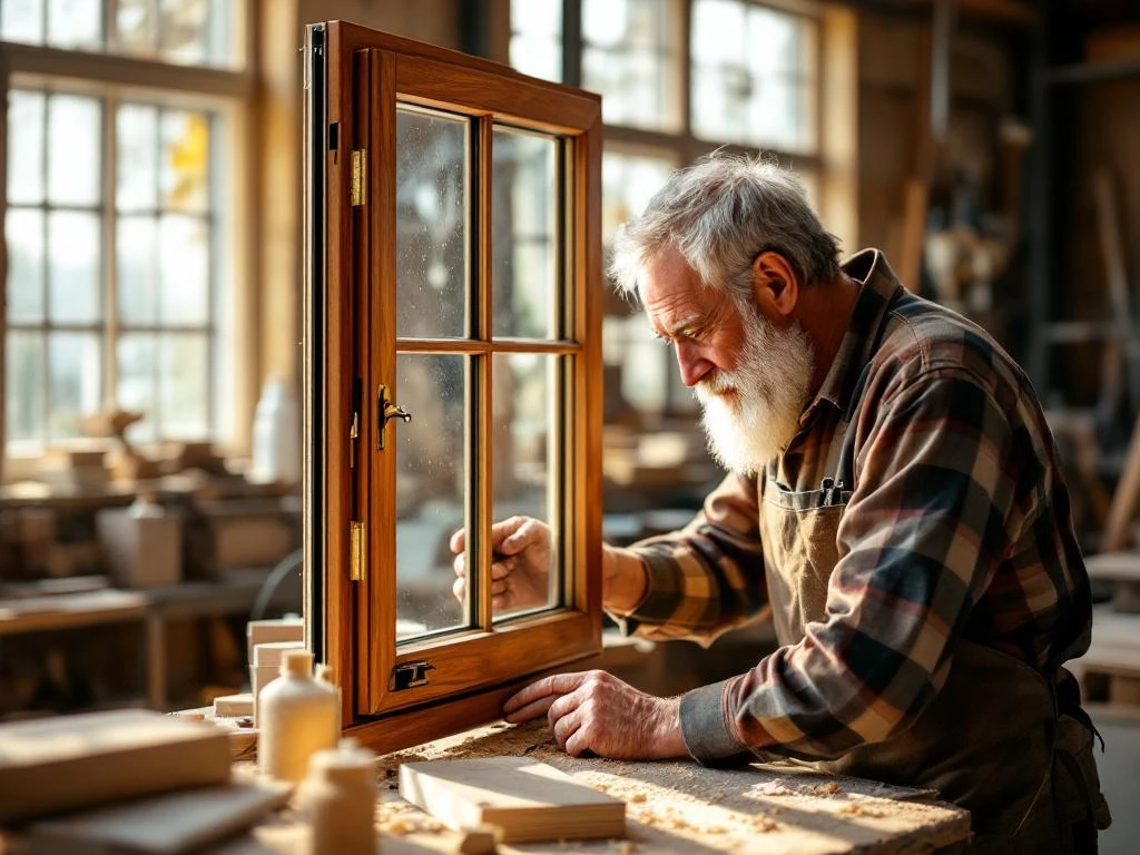 Ambachtsman inspecteert handgemaakte houten kozijn van mahoniehout in Nederlandse timmerfabriek met warme verlichting