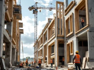 Bouwvakkers installeren houten kozijnen in betonnen woningbouw met kraan, Nederlands bouwproject in uitvoering