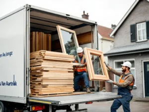 De Jong & Van Aartrijk vrachtwagen levert houten kozijnen op Nederlandse bouwplaats, werknemer laadt raam uit