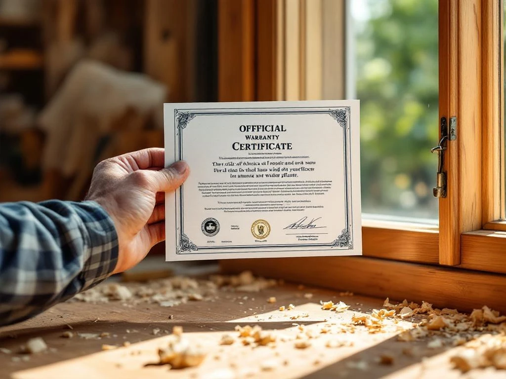 Timmerman houdt garantiecertificaat boven handgemaakte houten raamkozijn in werkplaats met natuurlijk licht