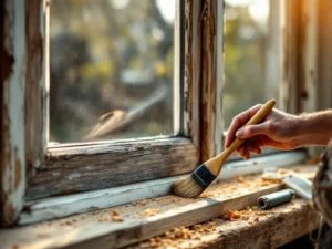 Ambachtsman brengt houtbeits aan op verweerd houten raamkozijn met kwast, gereedschap en schaafkrullen zichtbaar