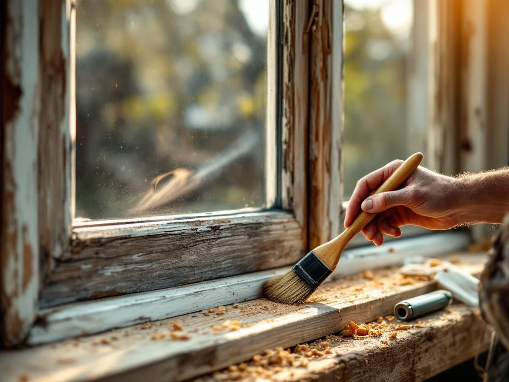 Ambachtsman brengt houtbeits aan op verweerd houten raamkozijn met kwast, gereedschap en schaafkrullen zichtbaar