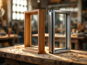 Houten en aluminium raamkozijnen op ambachtelijke werkbank in Nederlandse werkplaats met natuurlijk licht