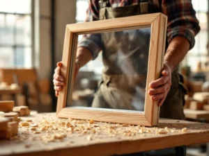 Ervaren timmerman toont handgemaakte houten raamkozijn met FSC-keurmerk in werkplaats