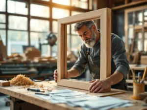 Ambachtsman inspecteert houten raamkozijn met prijsberekeningen op werkbank in workshop met natuurlijk licht