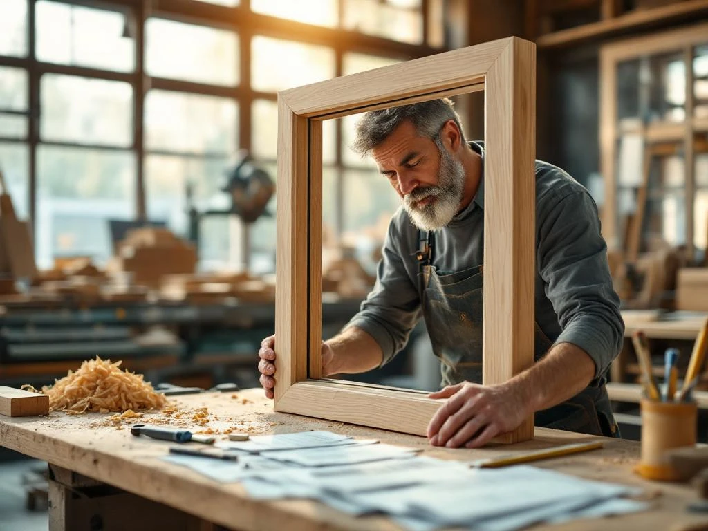Ambachtsman inspecteert houten raamkozijn met prijsberekeningen op werkbank in workshop met natuurlijk licht