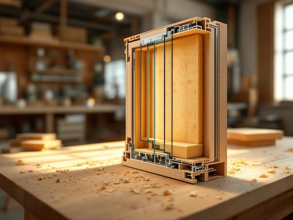 Doorsnede van modern houten kozijn met meerlaagse isolatie en drievoudige beglazing op werkbank in atelier