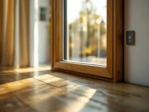 Houten raamkozijn met driedubbel glas in moderne Nederlandse woning, zonlicht op houten vloer, energiemeter zichtbaar