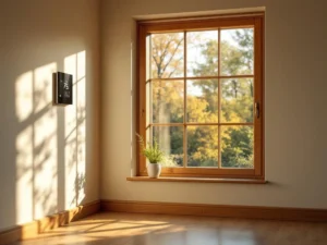 Traditioneel houten raam met driedubbel glas in Nederlandse woonkamer, zonlicht valt op houten vloer, thermostaat aan muur