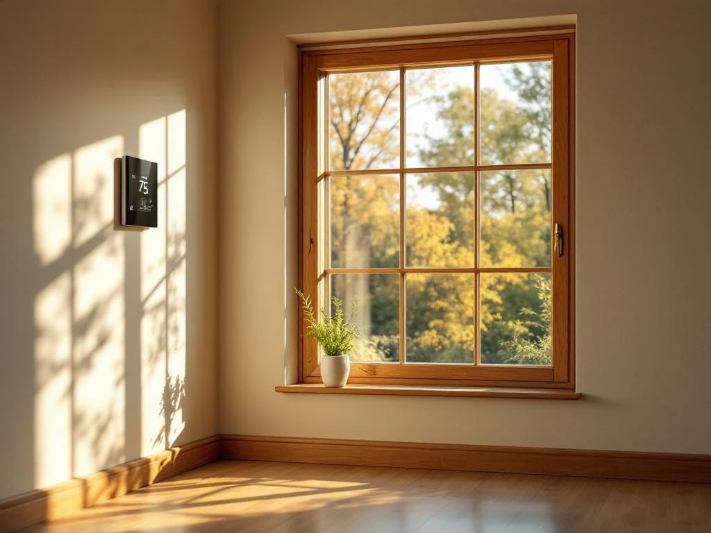 Traditioneel houten raam met driedubbel glas in Nederlandse woonkamer, zonlicht valt op houten vloer, thermostaat aan muur
