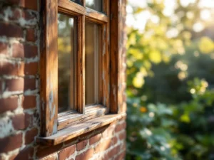Verweerd houten raamkozijn in traditionele Nederlandse bakstenen muur met zichtbare houtnerf en tuinzicht