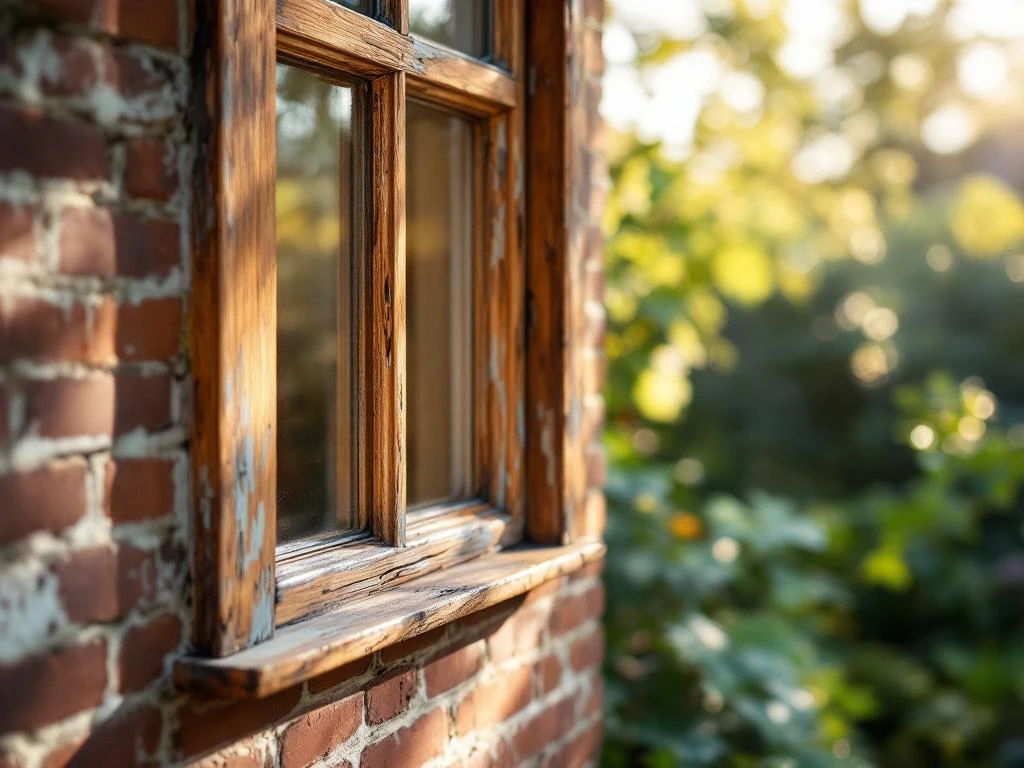 Verweerd houten raamkozijn in traditionele Nederlandse bakstenen muur met zichtbare houtnerf en tuinzicht
